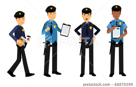 Young Men as Police Officers with Truncheon and Pistol on Duty Vector Illustration Set 68878399