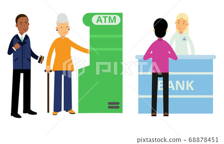 Bank Customers Using ATM and Staff Serving Clients Vector Illustration Set Bank Customers Using ATM and Staff Serving Clients Vector Illustration Set 68878451