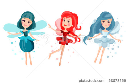 Cute Fairies or Pixies in Pretty Dresses Flying Vector Illustration Set 68878566