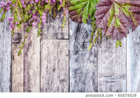 Cloudberry leaves and blooming heather on a wooden Cloudberry leaves and blooming heather on a wooden 68878826