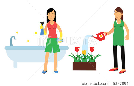 Energetic Housewife Scrubbing the Buthtub and Watering Flower Bed Vector Illustration Set Energetic Housewife Scrubbing the Buthtub and Watering Flower Bed Vector Illustration Set 68878941