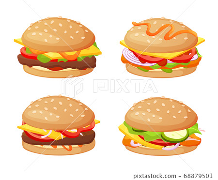Set of burger with different ingredients. Collection of isolated your burger and sandwich. Cute hand drawn in colorful style Set of burger with different ingredients. Collection of isolated your burger and sandwich. Cute hand drawn in colorful style 68879501