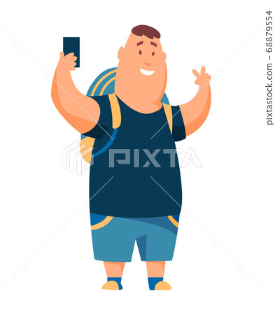 Tourist. Concept of an active lifestyle, tourism. A young man with smartphone and backpack. The guy is taking pictures or looking for a road on a GPS map. Vector illustration Tourist. Concept of an active lifestyle, tourism. A young man with smartphone and backpack. The guy is taking pictures or looking for a road on a GPS map. Vector illustration 68879554