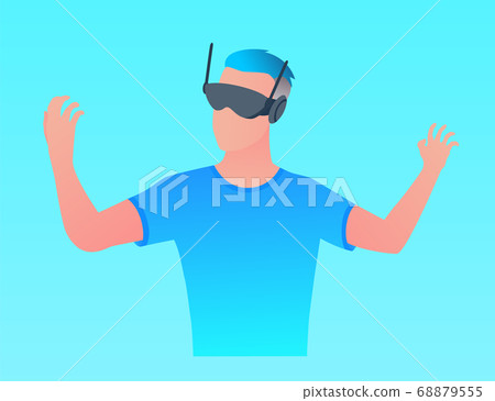 Man wearing virtual reality goggle glasses headset. Touching vr interface. Future technology. Man using virtual reality simulator. Modern innovative technologies Man wearing virtual reality goggle glasses headset. Touching vr interface. Future technology. Man using virtual reality simulator. Modern innovative technologies 68879555