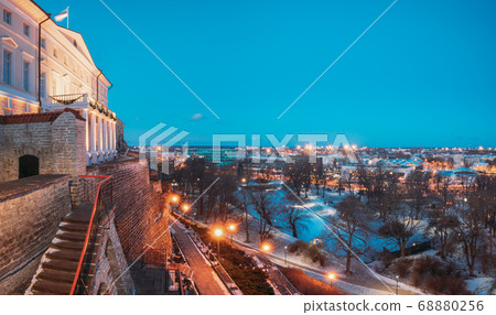 Tallinn, Estonia. Building Of Government Of Republic Of Estonia, Old Stone Staircase And Cityscape At Winter Evening Night. Famous Landmark 68880256