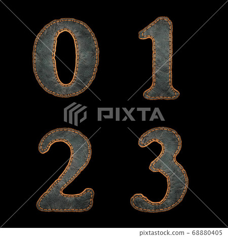 Set of numbers 0, 1, 2, 3 made of leather. 3D render font with skin texture isolated on black background. 68880405