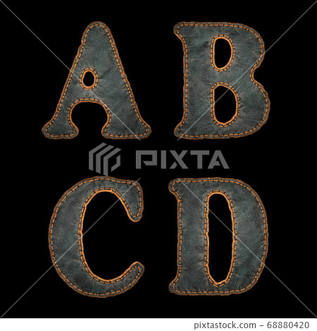 Set of leather letters A, B, C, D uppercase. 3D render font with skin texture isolated on black background. Set of leather letters A, B, C, D uppercase. 3D render font with skin texture isolated on black background. 68880420