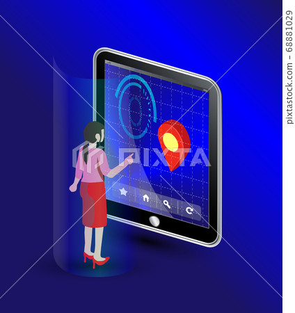 Vector drawing digital technology. Mobile applications for freight and package delivery. Digital business analysis. Conceptual illustration. Isometric vector illustration. 3D Vector drawing digital technology. Mobile applications for freight and package delivery. Digital business analysis. Conceptual illustration. Isometric vector illustration. 3D 68881029