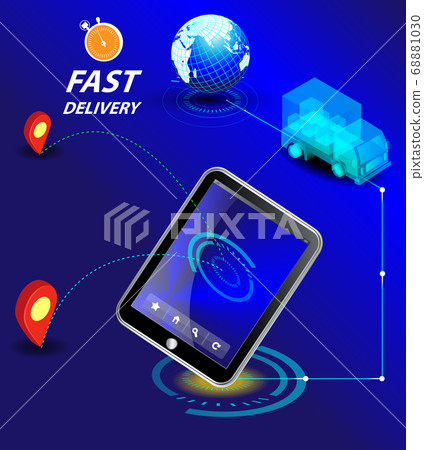Vector drawing digital technology. Mobile applications for freight and package delivery. Digital business analysis. Conceptual illustration. Isometric vector illustration. 3D 68881030