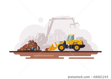 Yellow Bulldozer for Garbage Cleaning, Waste Recycling Process Flat Style Vector Illustration on White Background 68881243