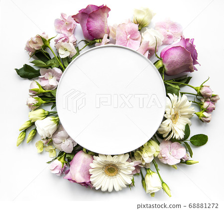Pink flowers in round frame with white circle for Pink flowers in round frame with white circle for 68881272
