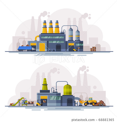 Industrial Buildings Set, Waste Processing Factories, Recycling of Garbage for further Disposal Flat Vector Illustration Industrial Buildings Set, Waste Processing Factories, Recycling of Garbage for further Disposal Flat Vector Illustration 68881365