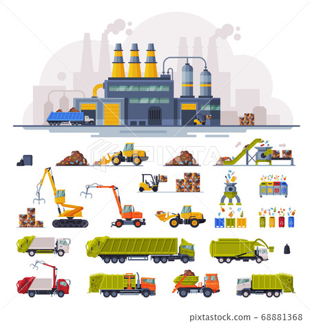 Waste Processing Plant, Industrial Garbage Recycling, Heavy Machinery Vehicles for Garbage Transportation, Separation and Recycling Set Vector Illustration 68881368