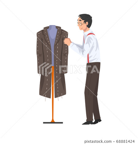 Male Tailor Adjusting Wool Coat on Mannequin, Clothing Designer Tailor Working at Atelier Vector Illustration Male Tailor Adjusting Wool Coat on Mannequin, Clothing Designer Tailor Working at Atelier Vector Illustration 68881424