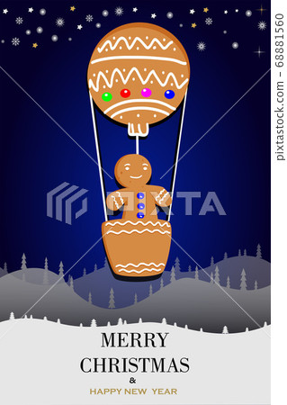 Christmas card with gingerbread man, stars and Christmas trees on a background of a winter background 68881560