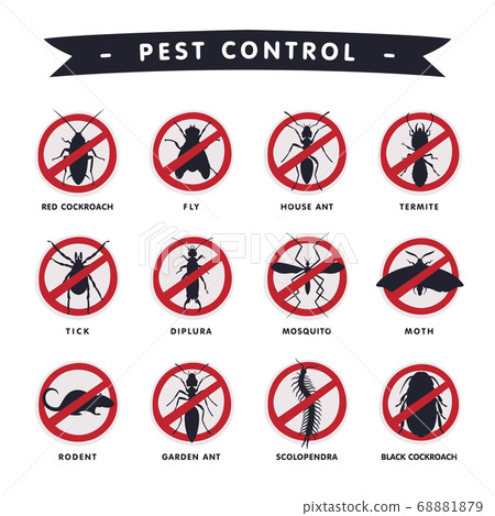 Harmful Insects Prohibition Signs, Moth, Mosquito, Diplura, Tick, Termite, Fly, Rat, Cockroach, Scolopendra, Pest Control and Extermination Service Vector Illustration 68881879