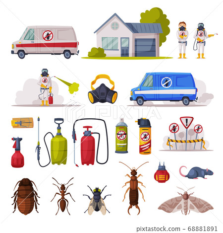 Professional Home Pest Control Set, Exterminator, Service Van, Exterminating and Protecting Equipment, Harmful Insects Vector Illustration 68881891