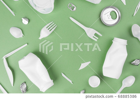 Plastic waste collection on green background. Concept of Recycling plastic and ecology. 68885386
