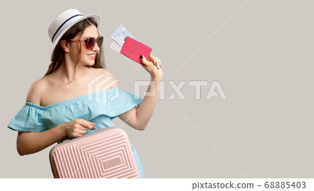 summer trip passport control happy woman summer trip passport control happy woman 68885403