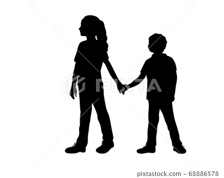 Silhouettes of girl older sister guides boy younger brother Silhouettes of girl older sister guides boy younger brother 68886578