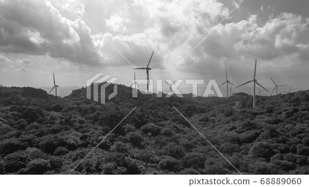 [Aerial view/Sepia] Summer windmill on Aoyama plateau 68889060