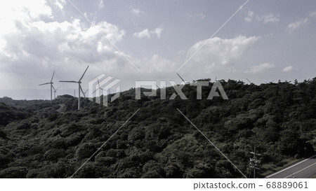 [Aerial view/Sepia] Summer windmill on Aoyama plateau 68889061