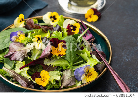 Spring salad with arugula, herbs and flowers. Spring salad with arugula, herbs and flowers. 68891104