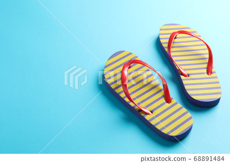 Flip flops on color background, space for text. 68891484