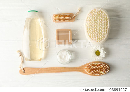 Flat lay composition with body care accessories on 68891937