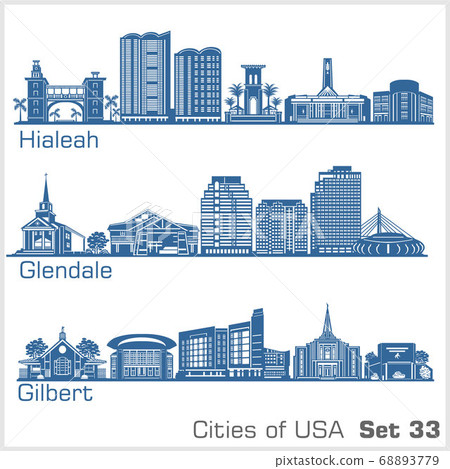 Cities of USA - Hialeah, Glendale, Gilbert. Detailed architecture. Trendy vector illustration. Cities of USA - Hialeah, Glendale, Gilbert. Detailed architecture. Trendy vector illustration. 68893779
