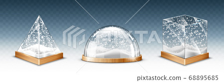 Realistic glass cube, pyramid and dome with snow Realistic glass cube, pyramid and dome with snow 68895685
