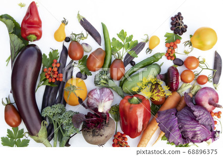 Collection of fresh multicolored vegetables on a white background. Banner, poster, advertisement. Collection of fresh multicolored vegetables on a white background. Banner, poster, advertisement. 68896375