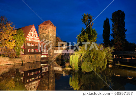 Nuremberg city houses on riverside of Pegnitz river. Nuremberg, Franconia, Bavaria, Germany 68897197