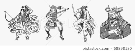 Japanese samurai set. Warriors with weapons sketch. Men in a fight pose. Hand drawn vintage sketches 68898180