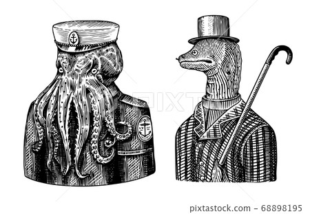 Octopus sailor. Sea captain and Muraena eels. Fashion Animal character. Nautical Seaman or nautical Octopus sailor. Sea captain and Muraena eels. Fashion Animal character. Nautical Seaman or nautical 68898195