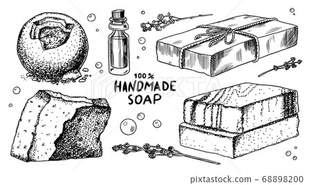 Bubble Bath soap set. Washing hands in vintage style. Homemade packaging. Foam production process Bubble Bath soap set. Washing hands in vintage style. Homemade packaging. Foam production process 68898200