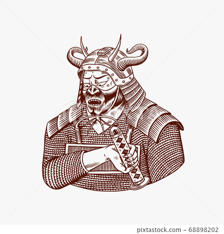 Japanese samurai warriors with weapons sketch. Men in a fight pose in armor. Hand drawn vintage Japanese samurai warriors with weapons sketch. Men in a fight pose in armor. Hand drawn vintage 68898202