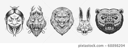 Grizzly bear, lion and Hare. Screaming mad Leo and rabbit. Chinese dragon. Japanese woman snake Grizzly bear, lion and Hare. Screaming mad Leo and rabbit. Chinese dragon. Japanese woman snake 68898204