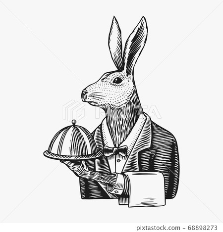 Hare waiter with a dish. Rabbit flunky or garcon. Fashion animal character. Hand drawn sketch Hare waiter with a dish. Rabbit flunky or garcon. Fashion animal character. Hand drawn sketch 68898273