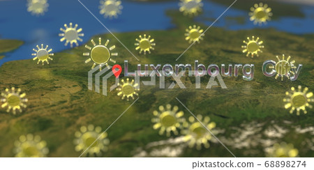 Sunny weather icons near Luxembourg city on the map, weather forecast related 3D rendering Sunny weather icons near Luxembourg city on the map, weather forecast related 3D rendering 68898274