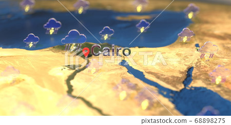 Stormy weather icons near Cairo city on the map, weather forecast related 3D rendering Stormy weather icons near Cairo city on the map, weather forecast related 3D rendering 68898275