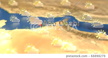 Partly cloudy weather icons near Abu Dhabi city on the map, weather forecast related 3D rendering Partly cloudy weather icons near Abu Dhabi city on the map, weather forecast related 3D rendering 68898278