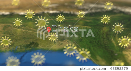 Sunny weather icons near Dhaka city on the map, weather forecast related 3D rendering Sunny weather icons near Dhaka city on the map, weather forecast related 3D rendering 68898279