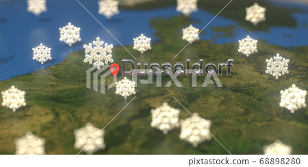 Snowy weather icons near Dusseldorf city on the map, weather forecast related 3D rendering Snowy weather icons near Dusseldorf city on the map, weather forecast related 3D rendering 68898280