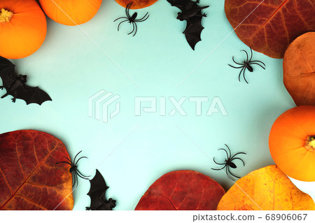 Little orange pumpkins with toys bats and spiders and Autumn leaves Little orange pumpkins with toys bats and spiders and Autumn leaves 68906067
