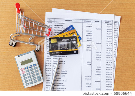 Credit cards and Cart supermarket and Calculator 68906644