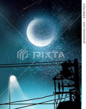 Silhouette of moon and utility pole in the starry sky 68907424