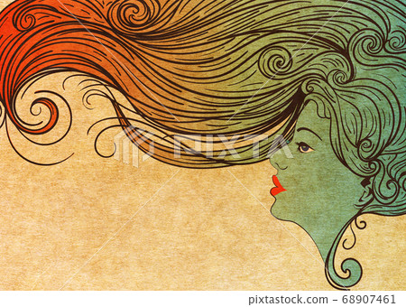 Grunge female portrait in profile with long hair Grunge female portrait in profile with long hair 68907461