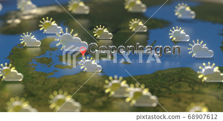Partly cloudy weather icons near Copenhagen city on the map, weather forecast related 3D rendering Partly cloudy weather icons near Copenhagen city on the map, weather forecast related 3D rendering 68907612