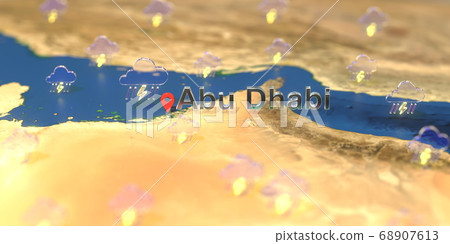 Stormy weather icons near Abu Dhabi city on the map, weather forecast related 3D rendering Stormy weather icons near Abu Dhabi city on the map, weather forecast related 3D rendering 68907613